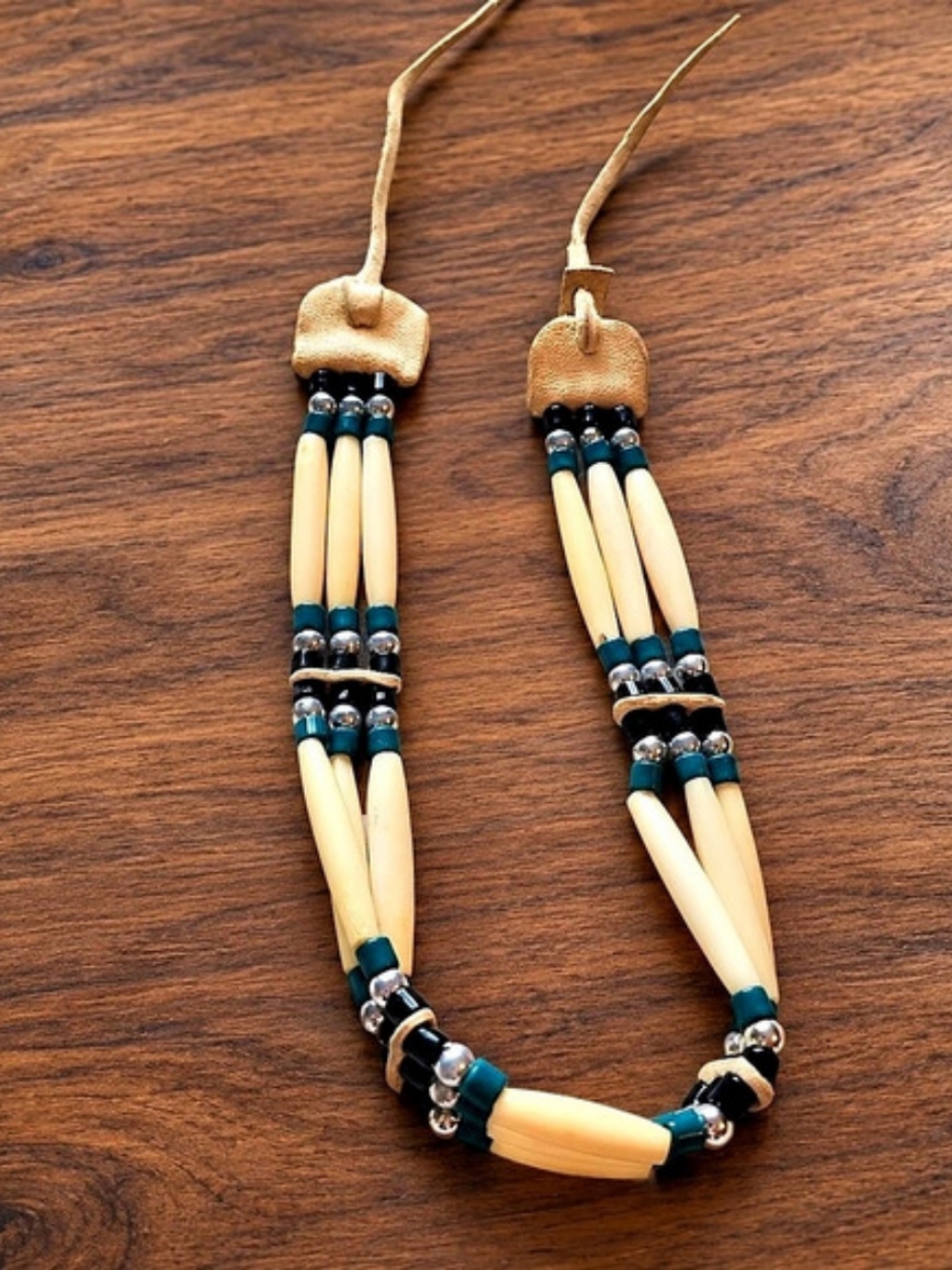 14" Bone Beaded Statement Choker Necklace in Cream & Green Boho Native Style